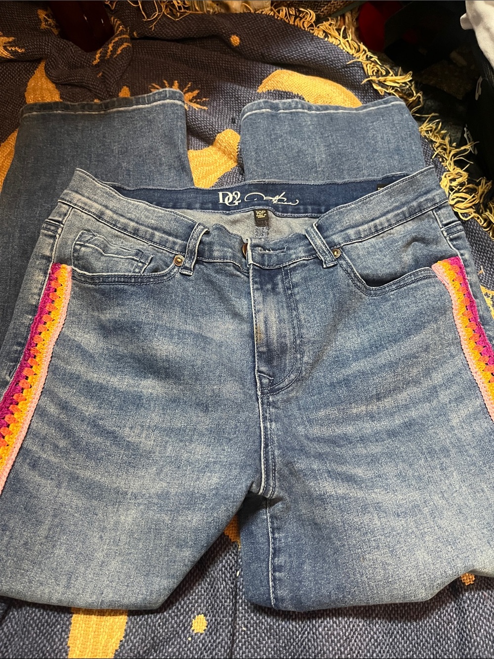 DG2  Denim Wide-Leg Jeans with Pink & Orange Crochet Trim